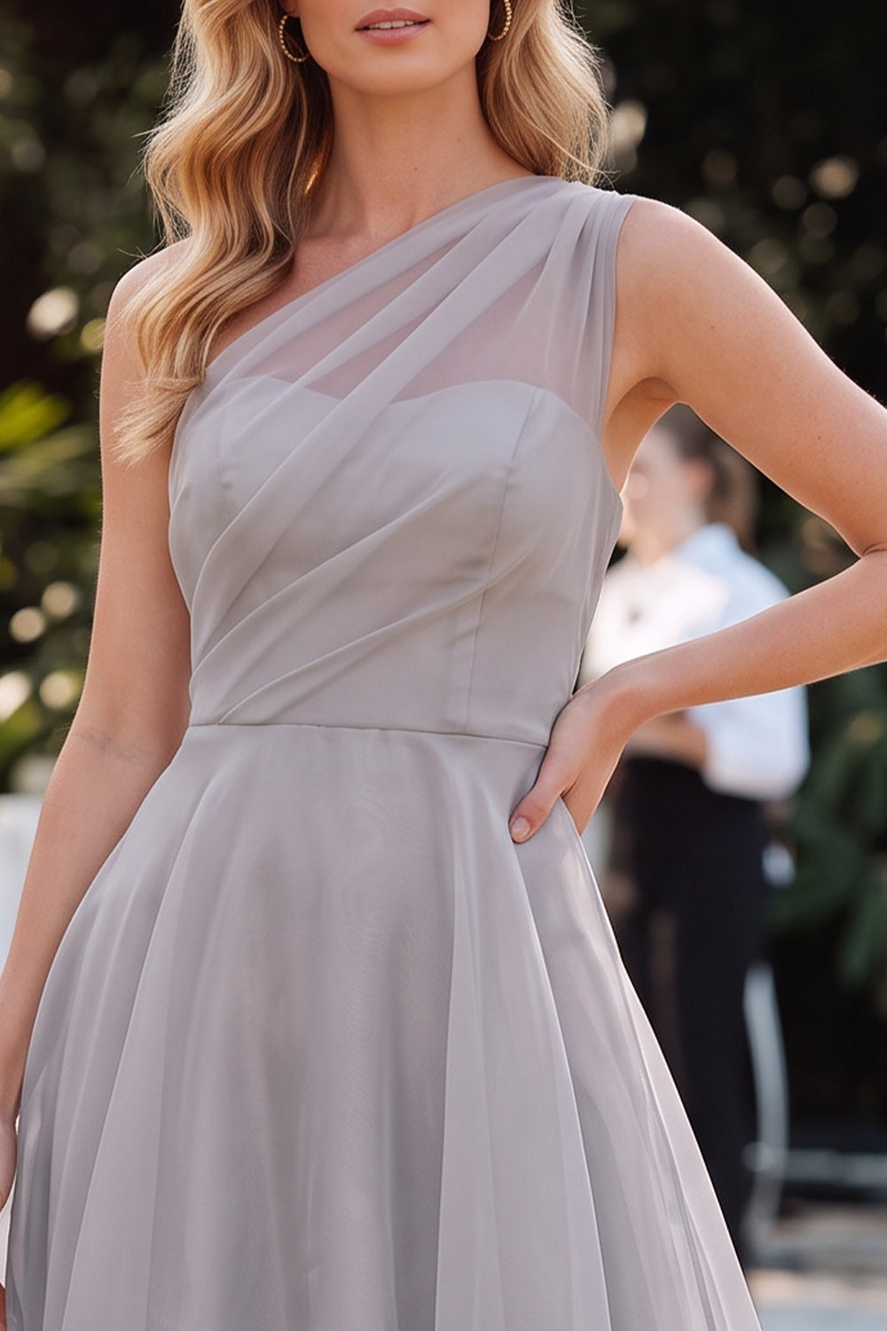 Grey Chiffon A-Line Ruched One Shoulder Long Wedding Guest Dress