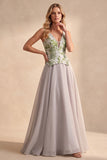 Light Grey A Line V-Neck Floral Jacquard Corset Long Wedding Guest Dress