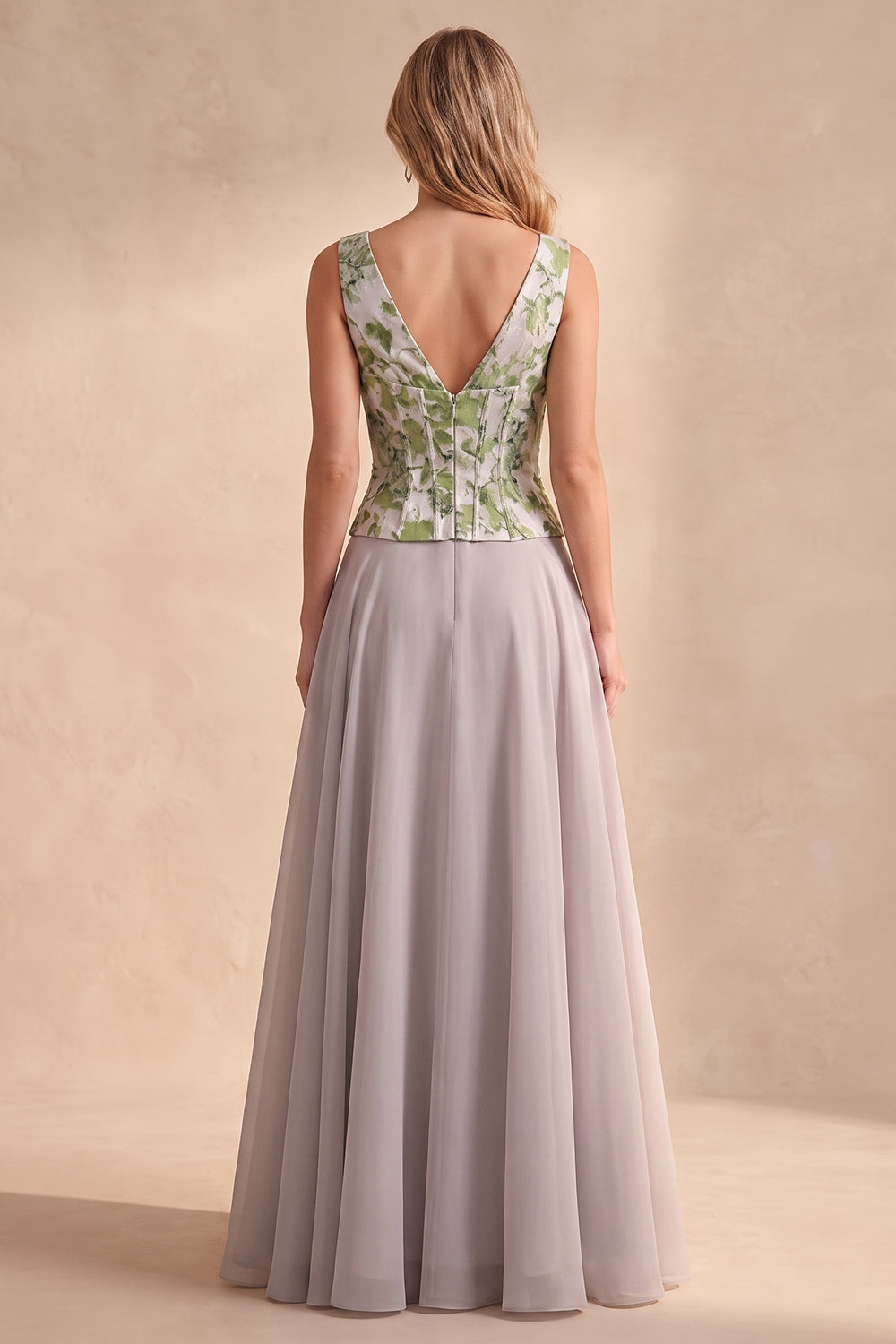 Light Grey A Line V-Neck Floral Jacquard Corset Long Wedding Guest Dress