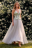 Light Grey A Line V-Neck Floral Jacquard Corset Long Wedding Guest Dress