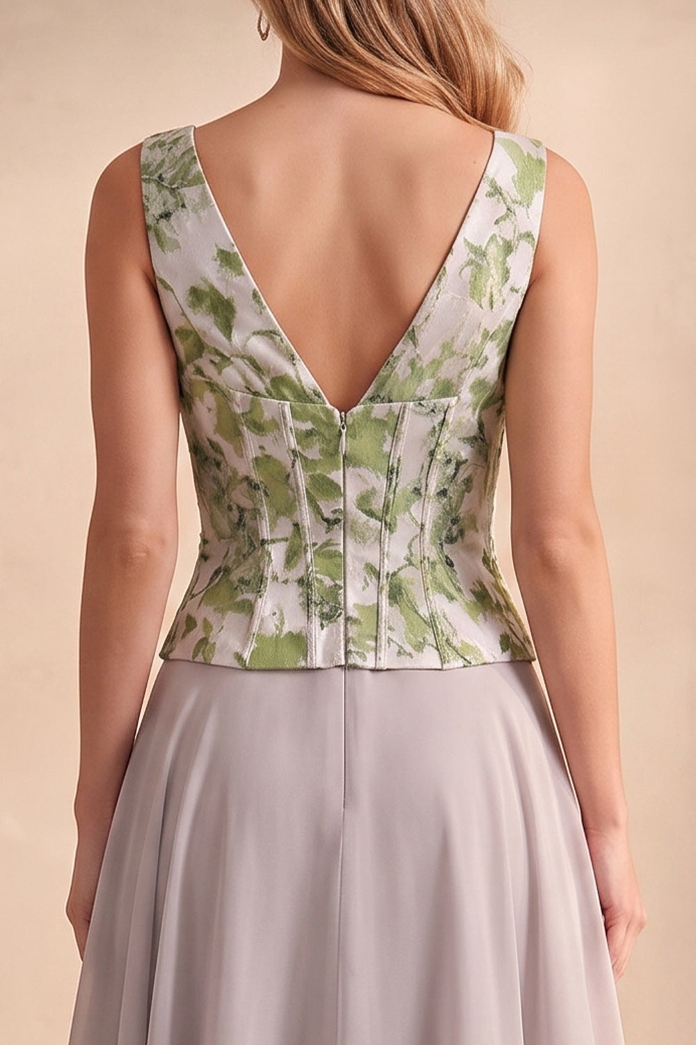 Light Grey A Line V-Neck Floral Jacquard Corset Long Wedding Guest Dress