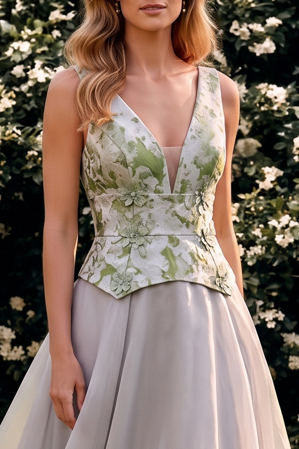 Light Grey A Line V-Neck Floral Jacquard Corset Long Wedding Guest Dress