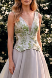 Light Grey A Line V-Neck Floral Jacquard Corset Long Wedding Guest Dress
