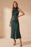Dark Green Satin High Neck Ruched Maxi Wedding Guest Dress with Lace