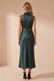 Dark Green Satin High Neck Ruched Maxi Wedding Guest Dress with Lace