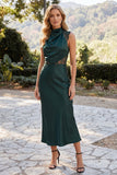 Dark Green Satin High Neck Ruched Maxi Wedding Guest Dress with Lace