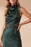 Dark Green Satin High Neck Ruched Maxi Wedding Guest Dress with Lace