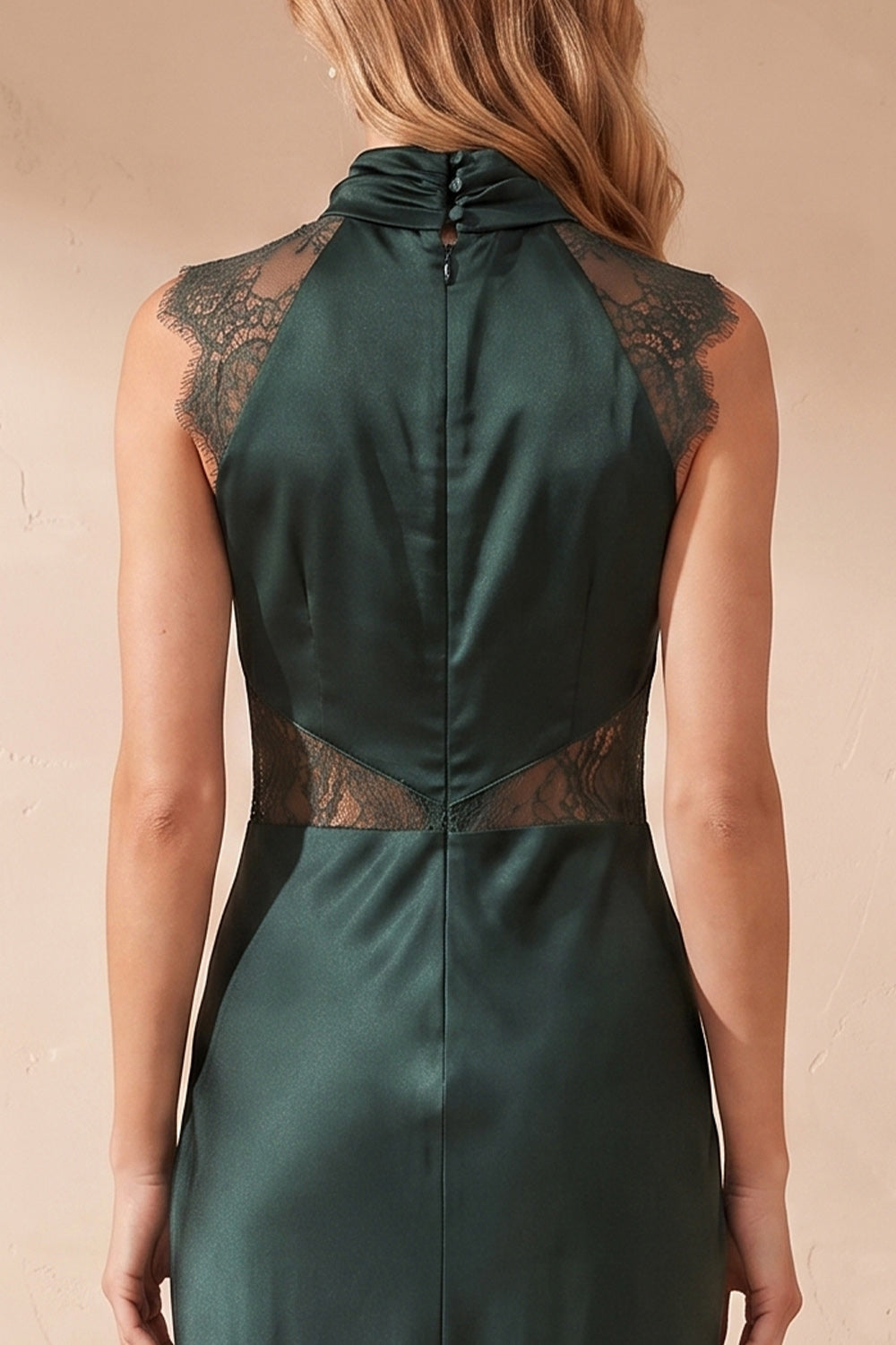Dark Green Satin High Neck Ruched Maxi Wedding Guest Dress with Lace