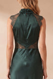 Dark Green Satin High Neck Ruched Maxi Wedding Guest Dress with Lace