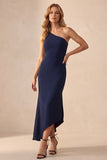Simple Navy Satin One Shoulder Mermaid Long Wedding Guest Dress