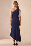 Simple Navy Satin One Shoulder Mermaid Long Wedding Guest Dress
