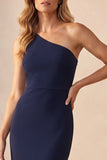 Simple Navy Satin One Shoulder Mermaid Long Wedding Guest Dress
