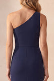 Simple Navy Satin One Shoulder Mermaid Long Wedding Guest Dress