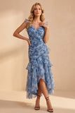 Dusty Blue Floral Ruched Ruffled V-Neck High-Low Beach Wedding Guest Dress