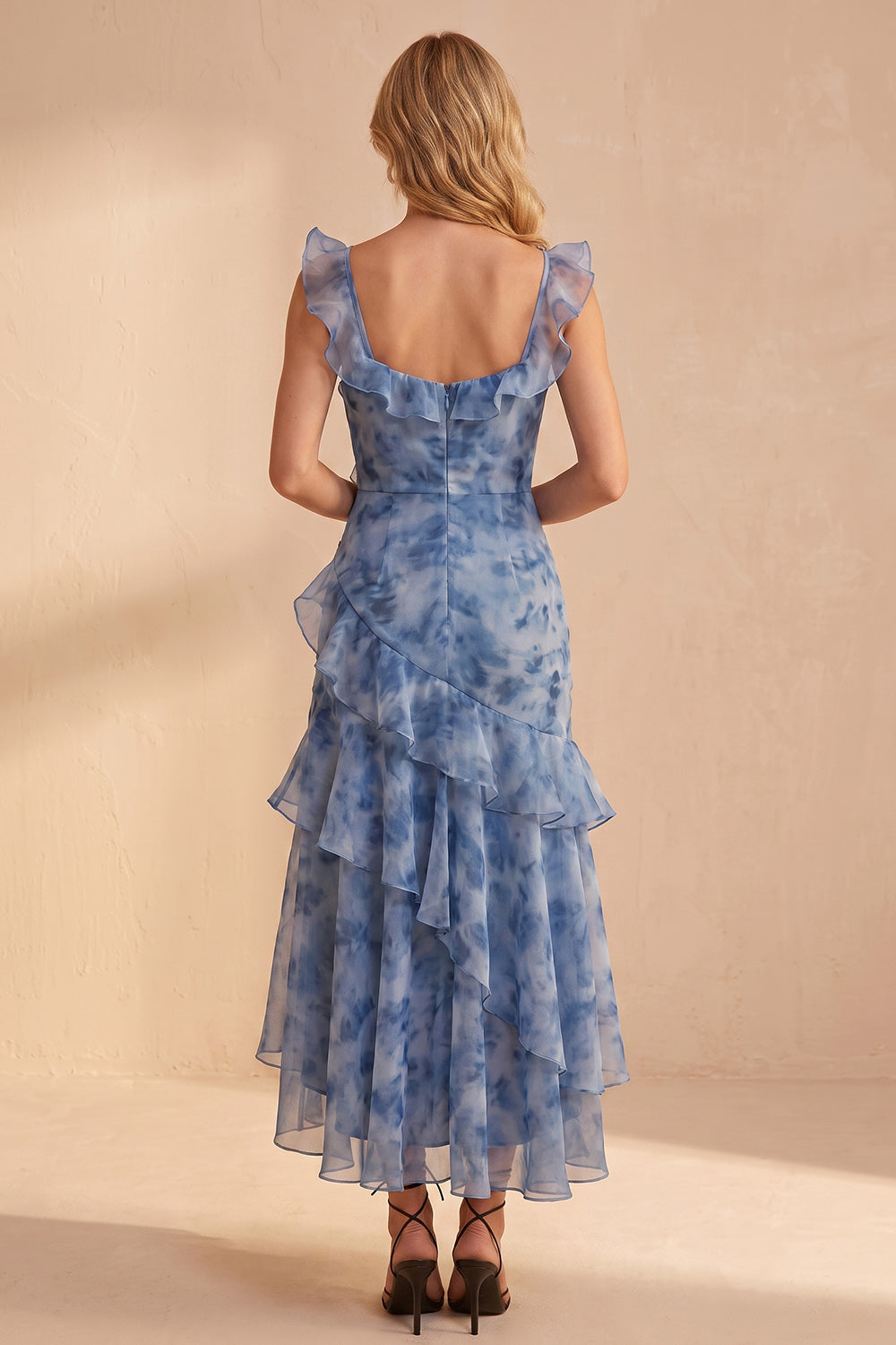 Dusty Blue Floral Ruched Ruffled V-Neck High-Low Beach Wedding Guest Dress