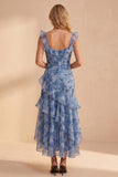 Dusty Blue Floral Ruched Ruffled V-Neck High-Low Beach Wedding Guest Dress