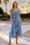 Dusty Blue Floral Ruched Ruffled V-Neck High-Low Beach Wedding Guest Dress