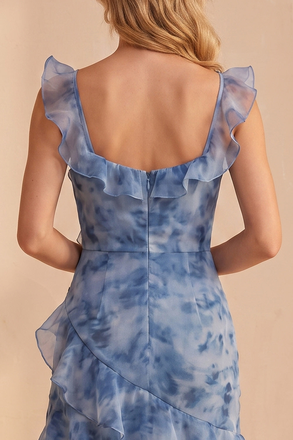 Dusty Blue Floral Ruched Ruffled V-Neck High-Low Beach Wedding Guest Dress