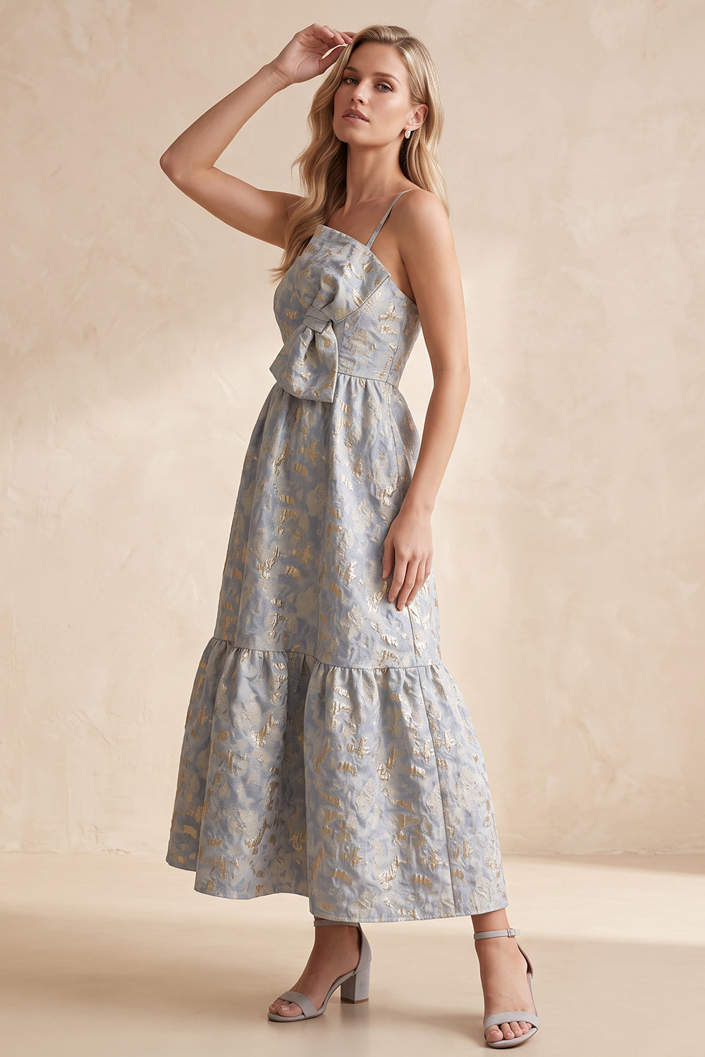Grey Blue A-Line Jacquard Spaghetti Straps Long Wedding Guest Dress with Bow