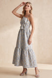 Grey Blue A-Line Jacquard Spaghetti Straps Long Wedding Guest Dress with Bow