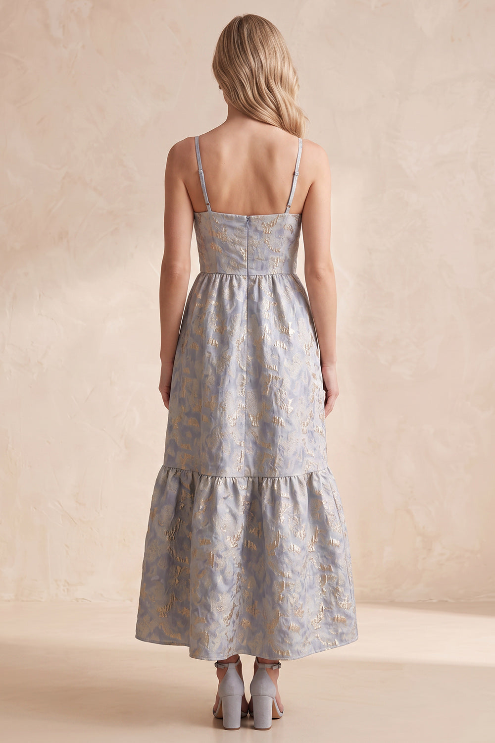 Grey Blue A-Line Jacquard Spaghetti Straps Long Wedding Guest Dress with Bow