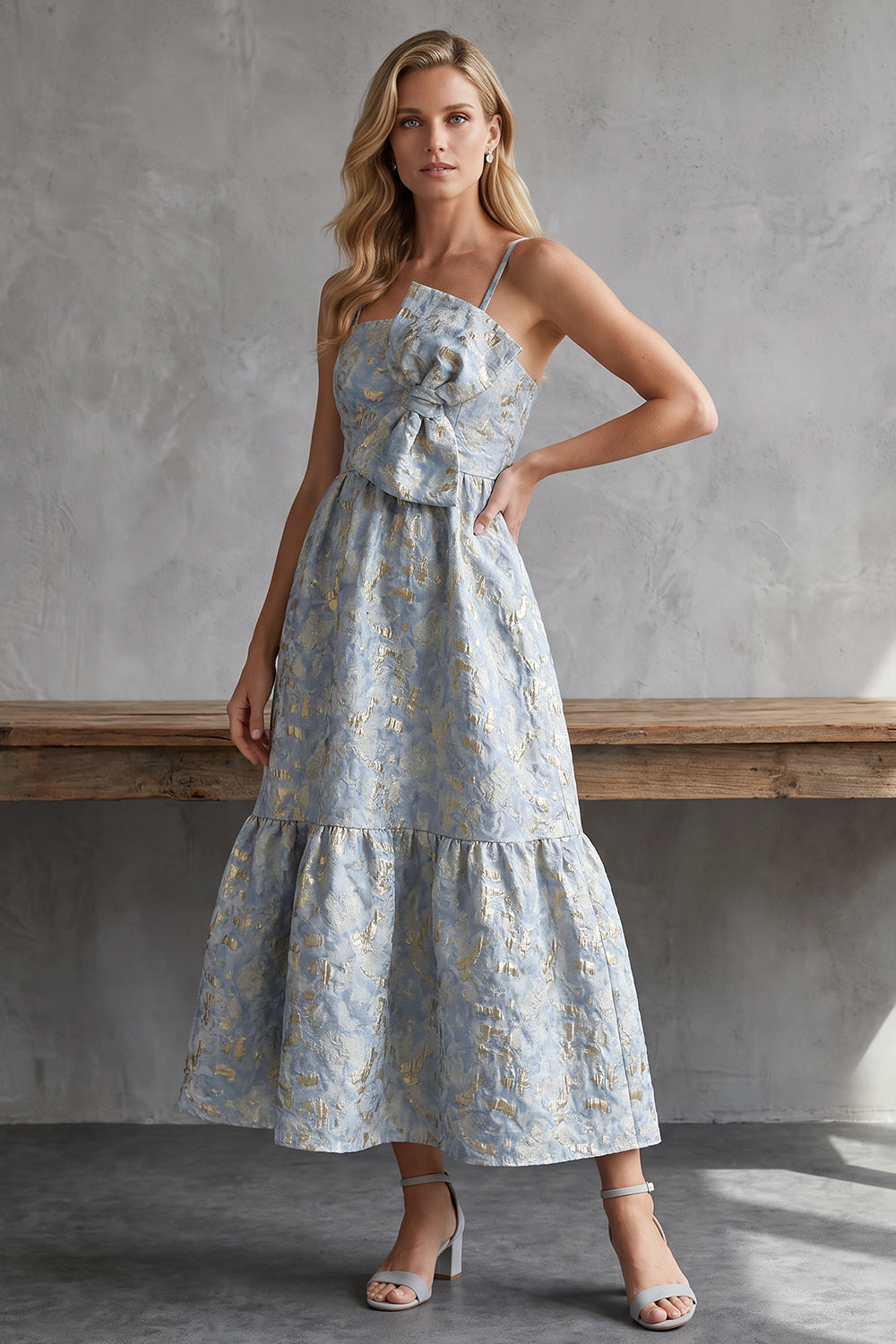 Grey Blue A-Line Jacquard Spaghetti Straps Long Wedding Guest Dress with Bow