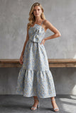 Grey Blue A-Line Jacquard Spaghetti Straps Long Wedding Guest Dress with Bow