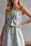 Grey Blue A-Line Jacquard Spaghetti Straps Long Wedding Guest Dress with Bow