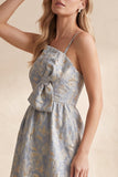 Grey Blue A-Line Jacquard Spaghetti Straps Long Wedding Guest Dress with Bow