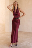 Burgundy Sheath Halter Satin Long Wedding Guest Dress with Lace