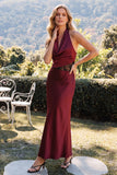 Burgundy Sheath Halter Satin Long Wedding Guest Dress with Lace