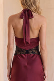 Burgundy Sheath Halter Satin Long Wedding Guest Dress with Lace