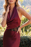 Burgundy Sheath Halter Satin Long Wedding Guest Dress with Lace