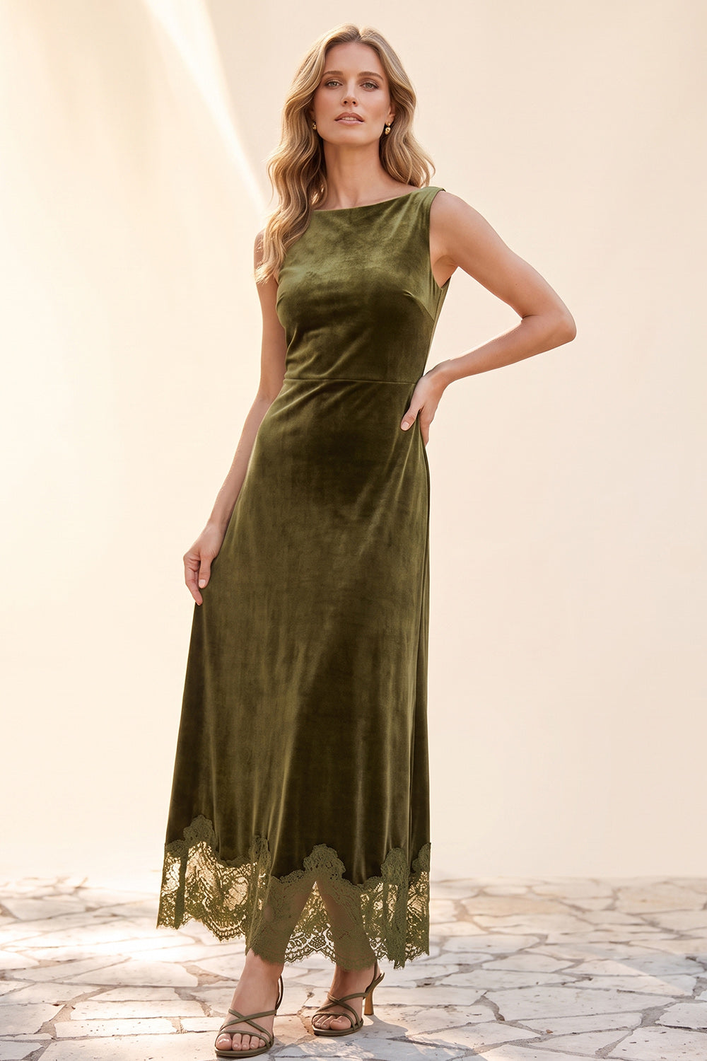 Olive Sheath Bateau Neck Long Velvet Holiday Dress with Lace