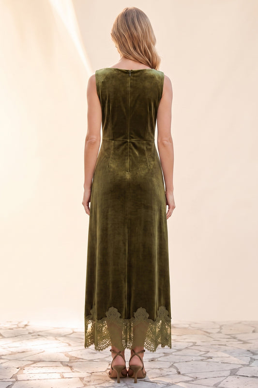 Olive Sheath Bateau Neck Long Velvet Holiday Dress with Lace
