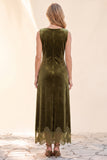 Olive Sheath Bateau Neck Long Velvet Holiday Dress with Lace