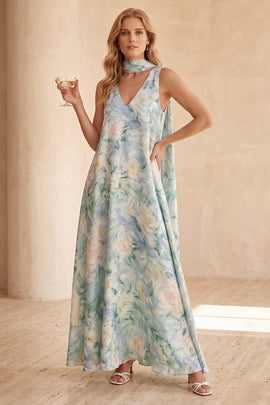 Light Blue A-Line V-Neck Floral Long Wedding Guest Dress with Neck Scarf
