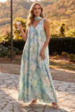 Light Blue A-Line V-Neck Floral Long Wedding Guest Dress with Neck Scarf