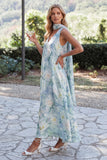 Light Blue A-Line V-Neck Floral Long Wedding Guest Dress with Neck Scarf