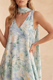 Light Blue A-Line V-Neck Floral Long Wedding Guest Dress with Neck Scarf