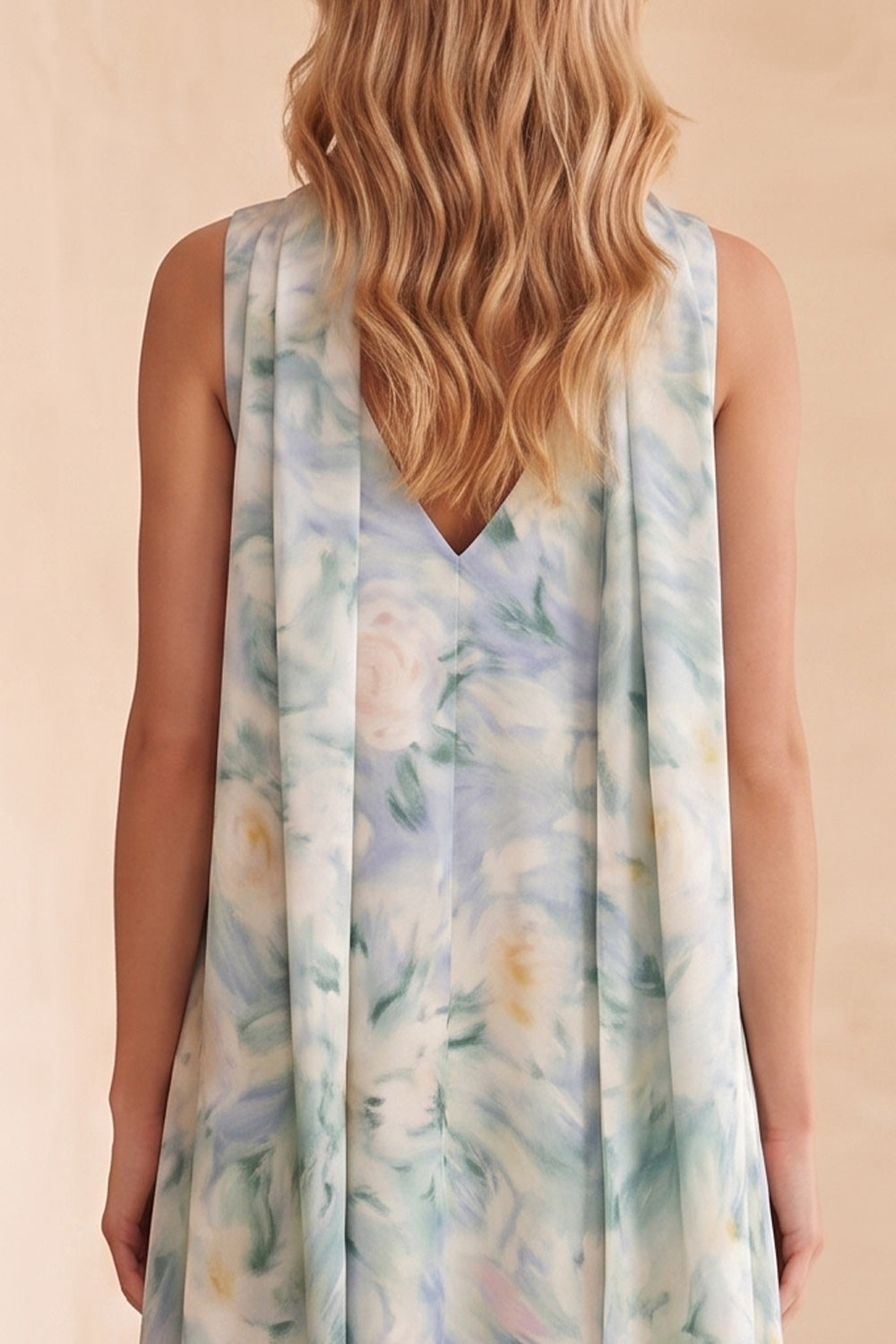 Light Blue A-Line V-Neck Floral Long Wedding Guest Dress with Neck Scarf