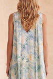 Light Blue A-Line V-Neck Floral Long Wedding Guest Dress with Neck Scarf
