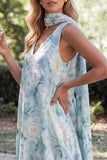 Light Blue A-Line V-Neck Floral Long Wedding Guest Dress with Neck Scarf