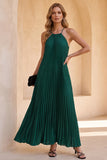 Dark Green A-Line Halter Chiffon Pleated Long Wedding Guest Dress