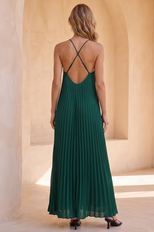 Dark Green A-Line Halter Chiffon Pleated Long Wedding Guest Dress
