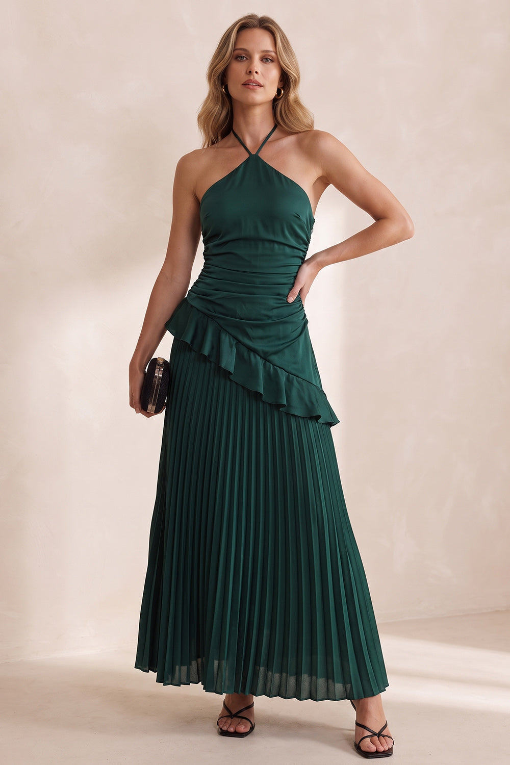 Dark Green Satin Pleated A Line Long Wedding Guest Dress with Ruffles