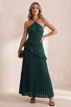Dark Green Satin Pleated A Line Long Wedding Guest Dress with Ruffles