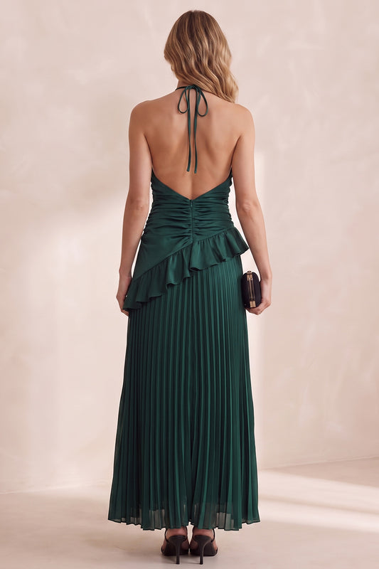Dark Green Satin Pleated A Line Long Wedding Guest Dress with Ruffles