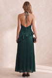 Dark Green Satin Pleated A Line Long Wedding Guest Dress with Ruffles