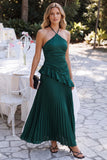 Dark Green Satin Pleated A Line Long Wedding Guest Dress with Ruffles